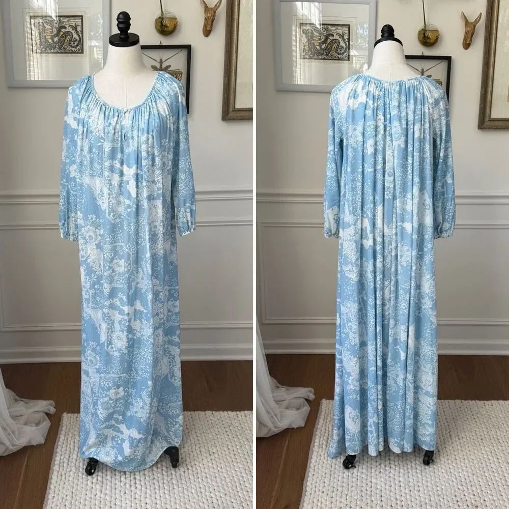 Vintage 70s Mistee Blue White Print Nylon Nightgown Maxi Dress USA M